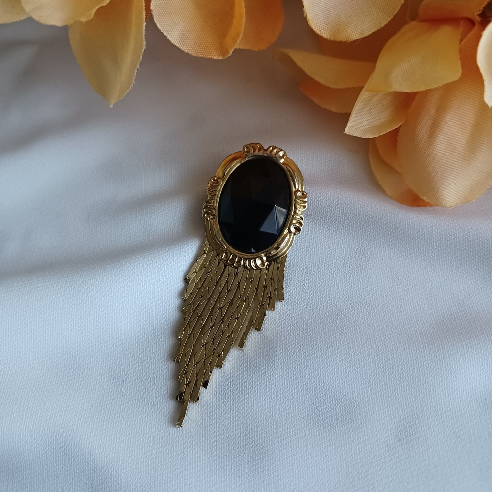 Vintage 80's Black and Gold Tassel Brooch - Picture 2 of 8